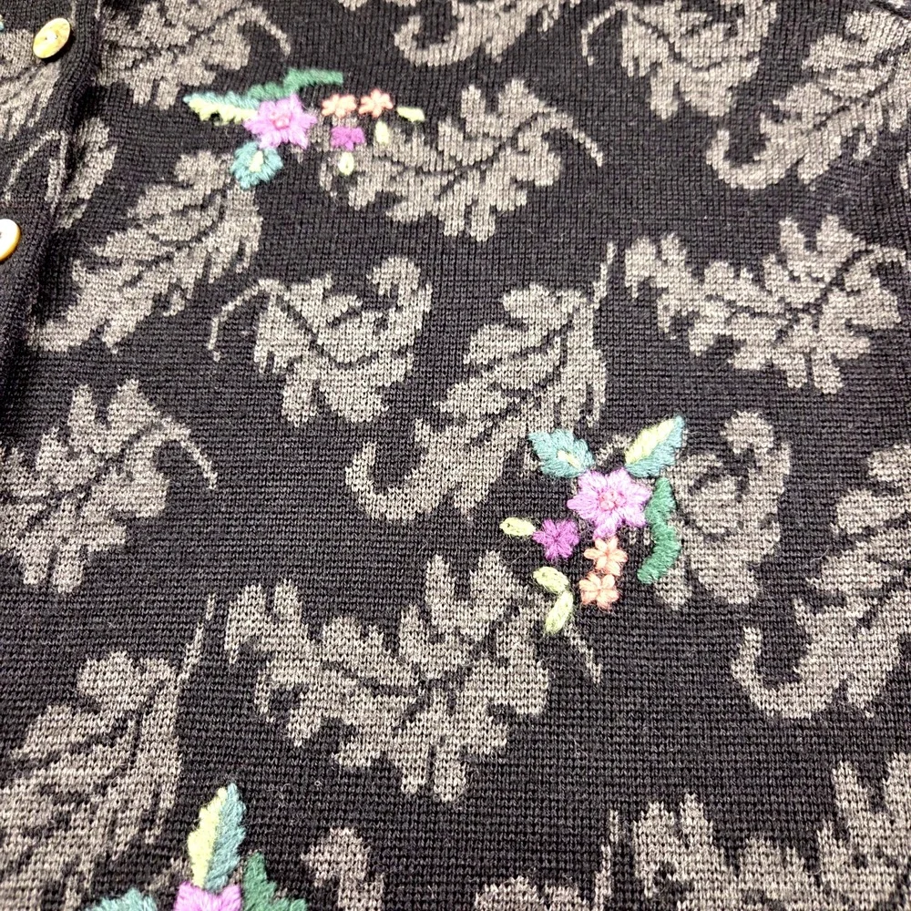Talbots Black Floral Embroidered Cardigan Women's‎ L Button Up Cottagecore Bloom